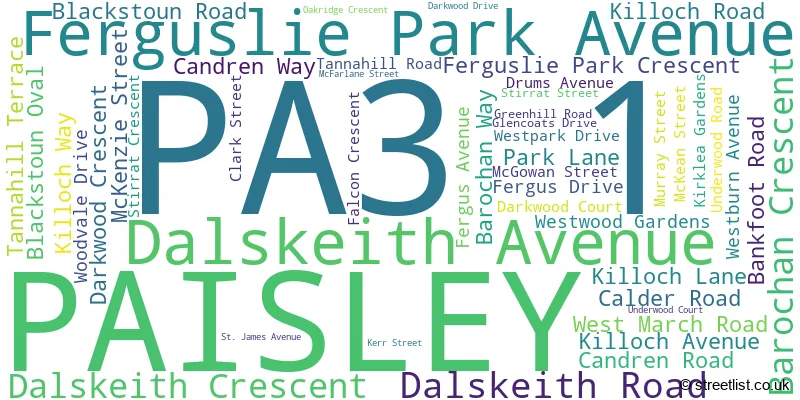 A word cloud for the PA3 1 postcode